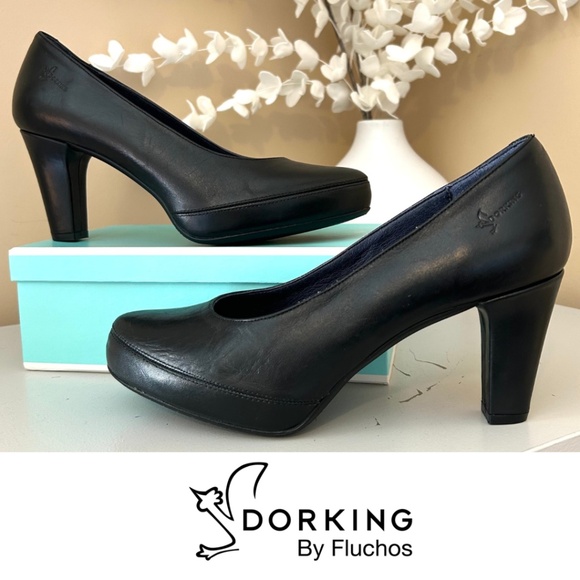 Like New DORKING by Fluchos  BLESA Platform Black Leather Pumps Size US7.5/EU38 - Picture 1 of 15